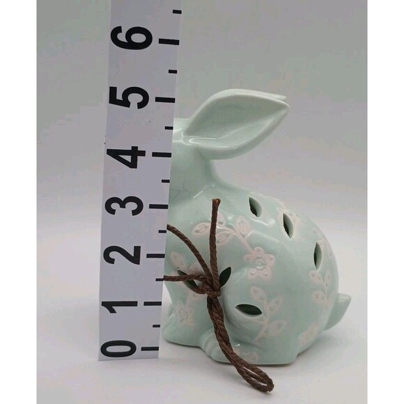 Spring Easter Bunny Ceramic Figurine Rabbit Floral Embossed Cut Outs Mint Green - Picture 7 of 9